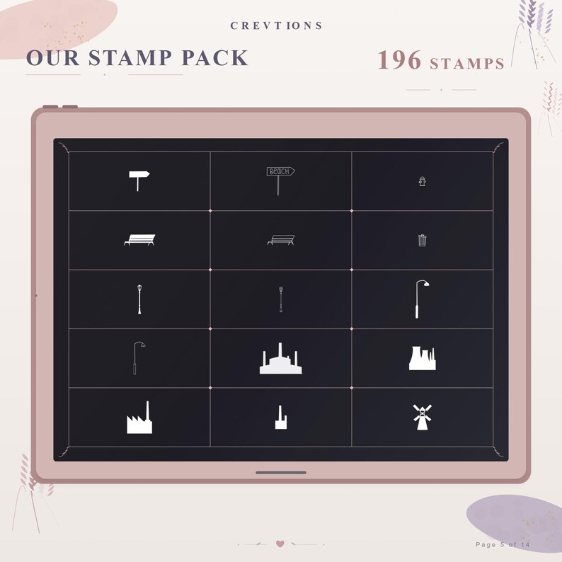 May include: A digital tablet with a light pink frame displaying a grid of white line-art icons on a dark background. The text at the top reads CREVTIONS, OUR STAMP PACK, and 196 STAMPS. The icons include street signs, benches, lamps, and buildings.