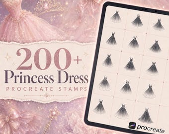 Más de 200 pinceles de sellos de vestidos de princesa para Procreate | Paquete de sellos de moda | Conjunto de pinceles para Procreate | Kit de herramientas personalizadas para Procreate | Descarga instantánea