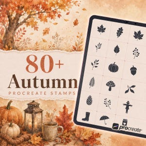 May include: A digital tablet displaying a grid of black autumn-themed icons, including leaves, pumpkins, and mushrooms, next to a watercolor illustration featuring the text 80+ Autumn PROCREATE STAMPS, pumpkins, a lantern, and a mug.