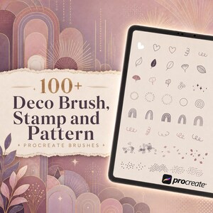 Peut inclure: Une tablette numérique affichant une collection de plus de 100 pinceaux, tampons et motifs décoratifs pour Procreate. L'écran présente des icônes de cœurs, feuilles, soleils, arcs-en-ciel et textures. Le fond présente des arches mauves et dorées avec le texte 100+ Deco Brush, Stamp and Pattern PROCREATE BRUSHES.