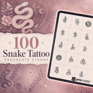 Puede incluir: Una colección digital de 100 sellos de tatuaje de serpiente para Procreate mostrada en la pantalla de una tableta. El fondo presenta un color rosa polvoriento con intrincados dibujos lineales de serpientes y elementos florales, incluyendo el texto 100 Snake Tattoo PROCREATE STAMPS.