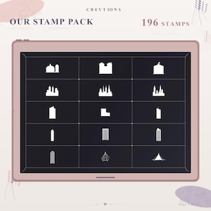 May include: A digital tablet screen displaying a grid of 15 white building and structure icons on a dark background. The top text reads CREVTIONS OUR STAMP PACK 196 STAMPS. The bottom text reads Page 2 of 14. The tablet has a light pink frame.