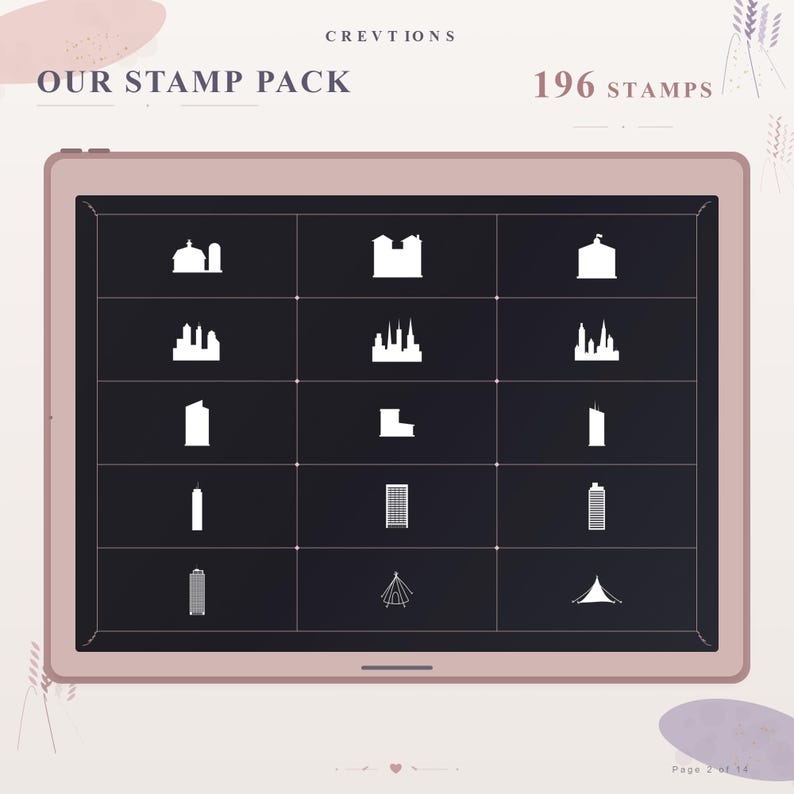 May include: A digital tablet screen displaying a grid of 15 white building and structure icons on a dark background. The top text reads CREVTIONS OUR STAMP PACK 196 STAMPS. The bottom text reads Page 2 of 14. The tablet has a light pink frame.