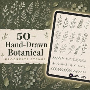 May include: A digital collection of 50+ hand-drawn botanical Procreate stamps displayed on a tablet screen, featuring various leaf, flower, and branch illustrations in black ink on a cream background, set against a dark green textured backdrop.