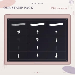 May include: A digital tablet display showing a stamp pack with 196 stamps. The screen features a grid of white icons on a dark background, including various tree silhouettes, textured brush strokes, and line art designs. Text reads OUR STAMP PACK.