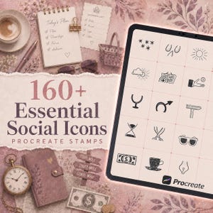 Peut inclure: Une tablette numérique affichant une grille de 160+ icônes sociales essentielles et tampons Procreate, entourée d'un carnet, d'une liste de courses, d'une montre de poche, d'un stylo, de lunettes de soleil et d'un billet sur un fond rose poudré.
