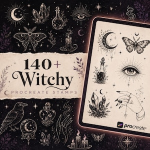 Peut inclure: Une collection numérique de 140+ tampons Procreate sur le thème de la sorcellerie, avec des illustrations au trait noir et blanc de lunes, papillons, cristaux, fioles, bougies, yeux et mains sur fond sombre, affichée sur une tablette.