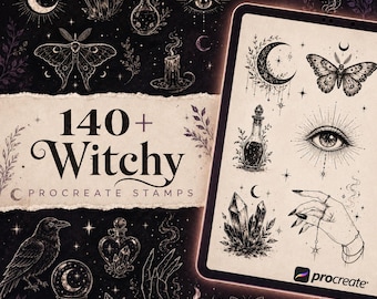 May include: A digital collection of 140+ witchy Procreate stamps featuring black and white line art illustrations of moons, moths, crystals, potion bottles, candles, eyes, and hands on a dark background, displayed on a tablet screen.