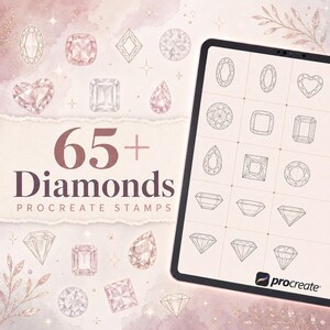 Peut inclure: Une tablette numérique affichant une grille de formes de diamants en traits noirs, avec le texte 65+ Diamonds PROCREATE STAMPS superposé sur un fond aquarelle rose pâle présentant divers motifs de pierres précieuses et des détails dorés.