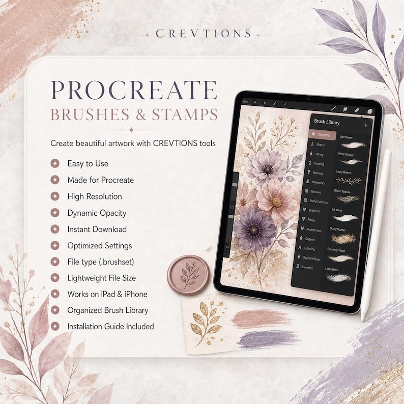 May include: A digital tablet displaying a Procreate brush library menu with floral artwork. Text reads: CREVTIONS, PROCREATE BRUSHES & STAMPS, Create beautiful artwork with CREVTIONS tools, Easy to Use, Made for Procreate, High Resolution, Dynamic Opacity, and more.