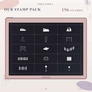 May include: A digital tablet screen displaying a grid of 15 white line-art icons on a dark background. The icons include a car, train, sailboat, hot air balloon, swing set, and various fence designs. The text reads CREVTIONS OUR STAMP PACK 196 STAMPS.