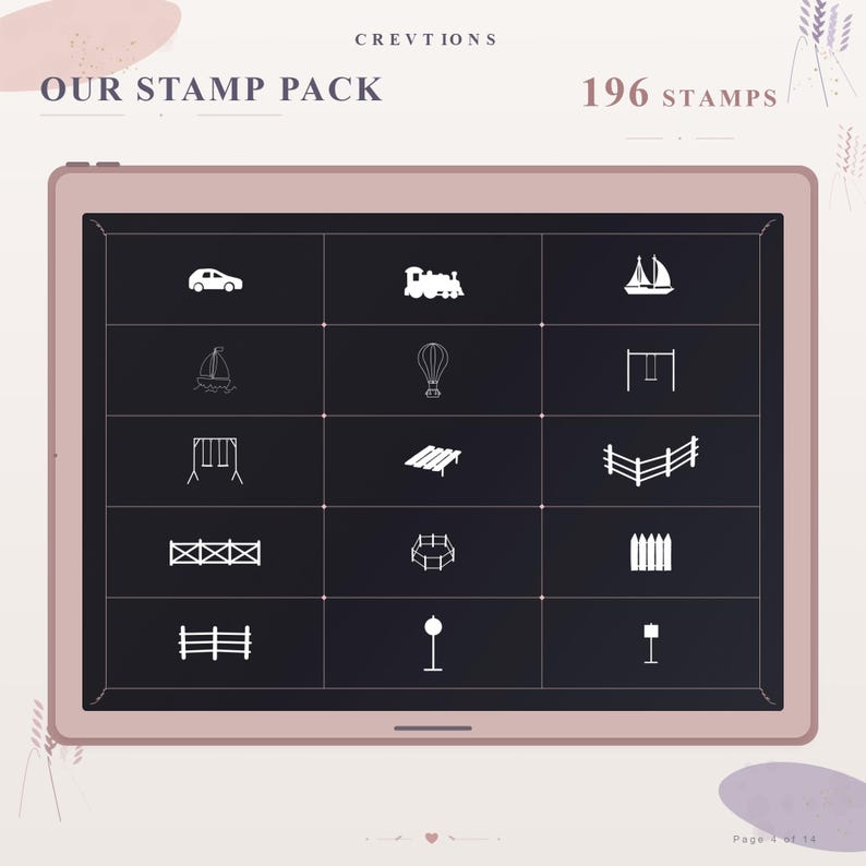 May include: A digital tablet screen displaying a grid of 15 white line-art icons on a dark background. The icons include a car, train, sailboat, hot air balloon, swing set, and various fence designs. The text reads CREVTIONS OUR STAMP PACK 196 STAMPS.