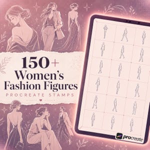 Puede incluir: Un conjunto digital de más de 150 sellos Procreate de figuras de moda con varias poses. La imagen muestra ilustraciones de figuras con diversos atuendos junto a una pantalla de tableta que muestra una cuadrícula de plantillas corporales.