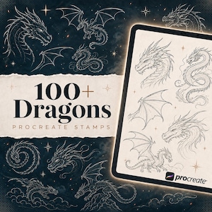 Könnte beinhalten: Eine digitale Sammlung von 100+ Drachen-Procreate-Stempeln mit verschiedenen Strichzeichnungen von Drachenköpfen, ganzen Körpern und Flügeln auf dunklem Hintergrund, wobei ein Tablet eine Auswahl dieser detaillierten Drachendesigns anzeigt.