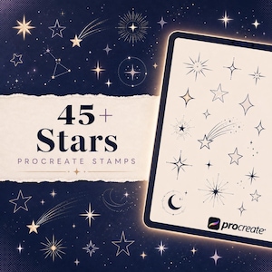 Peut inclure: Un écran de tablette numérique affiche une collection de tampons noirs sur le thème des étoiles sur un fond clair. La zone bleu foncé environnante présente diverses illustrations d'étoiles dorées et blanches avec le texte 45+ Stars PROCREATE STAMPS.