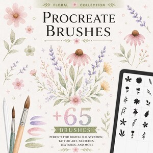 Peut inclure: Une conception d'art numérique avec des éléments floraux à l'aquarelle et le texte "PROCREATE BRUSHES +65 BRUSHES". L'image comprend une tablette affichant des motifs de pinceaux, des pinceaux et un stylet. Parfait pour l'illustration numérique, l'art du tatouage, les croquis, les textures, et plus encore.