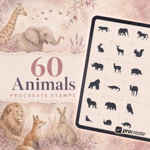 Pode incluir: Um tablet digital exibindo uma grade de 60 silhuetas pretas de animais para carimbos Procreate. O fundo apresenta ilustrações em aquarela de girafa, elefante, leão, raposa e coelho em tons suaves de rosa e marrom com o texto 60 Animals.