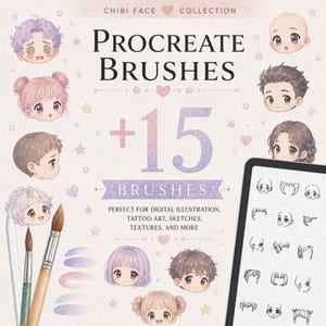 Peut inclure: Un ensemble numérique de 15 pinceaux Procreate présentant des illustrations de visages chibi, incluant diverses têtes de personnages avec différentes coiffures et expressions, une tablette affichant des traits et deux pinceaux sur fond clair.