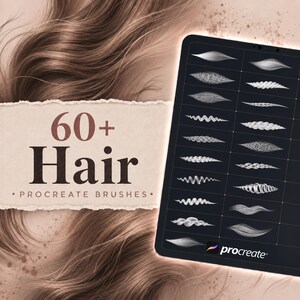 Könnte beinhalten: Ein digitales Display mit einem Raster aus weißen Haartextur-Strichen für Procreate, mit dem Text 60+ Hair PROCREATE BRUSHES auf einem zerrissenen Papierhintergrund, vor fließenden hellbraunen Haarsträhnen.
