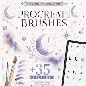 Peut inclure: Image promotionnelle de pinceaux numériques pour Procreate, avec le texte "COSMIC COLLECTION PROCREATE BRUSHES +35 BRUSHES". Le design comprend des illustrations à l'aquarelle de lunes, d'étoiles et de constellations en tons violets et bleus. Une tablette affiche des exemples de pinceaux.