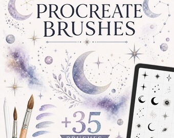 May include: An image promoting digital art brushes for Procreate, with the text "COSMIC COLLECTION PROCREATE BRUSHES +35 BRUSHES". The design incorporates watercolor illustrations of moons, stars, and constellations in purple and blue hues. A tablet shows brush examples.