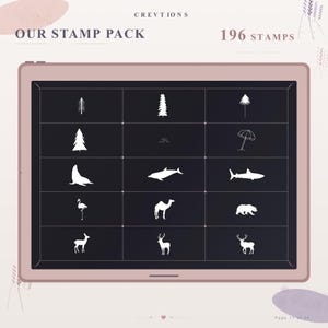 May include: A digital tablet screen displaying a grid of 15 white silhouette icons on a dark background. The icons include trees, a beach umbrella, a seal, a dolphin, a shark, a flamingo, a camel, a bear, and deer. Text reads CREVTIONS OUR STAMP PACK 196 STAMPS.