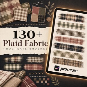 Peut inclure: Un écran numérique présentant 130+ Plaid Fabric Procreate Brushes avec divers motifs écossais dans des tons terre. L'écran affiche des traits de pinceau aux motifs à carreaux et tartan, ainsi que des échantillons de tissu et un bouton en bois.