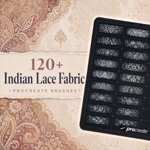 Può includere: Uno schermo di tablet digitale che mostra una griglia di oltre 120 pennelli Procreate per tessuto in pizzo indiano, con intricati motivi floreali in bianco e nero. Il testo recita 120+ Indian Lace Fabric PROCREATE BRUSHES con il logo Procreate.