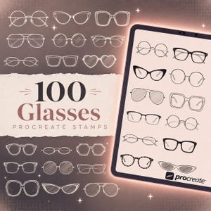 Può includere: Una collezione digitale di 100 timbri Procreate di occhiali con varie forme di montatura, inclusi stili rotondi, a gatto, aviator e quadrati. L'immagine mostra illustrazioni a linee bianche su uno sfondo scuro e uno schermo di tablet.