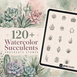 Könnte beinhalten: Eine digitale Sammlung von 120+ Aquarell-Sukkulenten-Procreate-Stempeln mit verschiedenen Kaktus- und Sukkulenten-Illustrationen in Grün-, Rosa- und Violetttönen, dargestellt auf einem Tablet-Bildschirm vor einem Aquarell-Hintergrund.