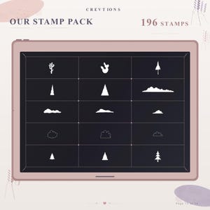 May include: A digital tablet screen displaying a grid of 15 white graphic icons on a dark background. The text reads CREVTIONS, OUR STAMP PACK, and 196 STAMPS. The icons include various tree, cactus, and cloud shapes arranged in a structured layout.