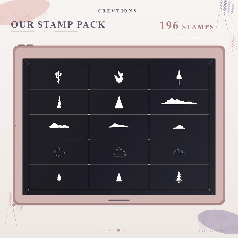 May include: A digital tablet screen displaying a grid of 15 white graphic icons on a dark background. The text reads CREVTIONS, OUR STAMP PACK, and 196 STAMPS. The icons include various tree, cactus, and cloud shapes arranged in a structured layout.