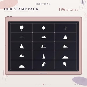 May include: A digital tablet screen displaying a grid of 15 white graphic stamps on a dark background. The text at the top reads CREVTIONS, OUR STAMP PACK, and 196 STAMPS. The stamps feature various nature-themed shapes including trees, mountains, and leaves.