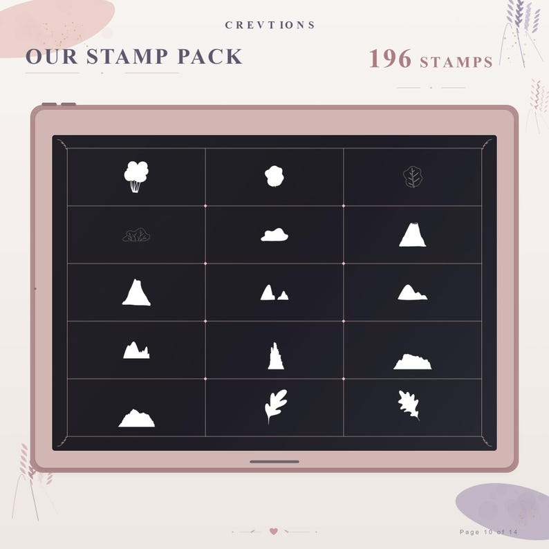 May include: A digital tablet screen displaying a grid of 15 white graphic stamps on a dark background. The text at the top reads CREVTIONS, OUR STAMP PACK, and 196 STAMPS. The stamps feature various nature-themed shapes including trees, mountains, and leaves.