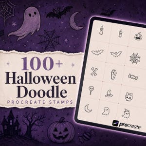 Pode incluir: Uma tela de tablet digital exibindo uma grade de ícones de arte linear em preto e branco com tema de Halloween, incluindo fantasmas, morcegos, abóboras e caveiras. O fundo é uma textura roxa escura com ilustrações de uma casa assombrada.