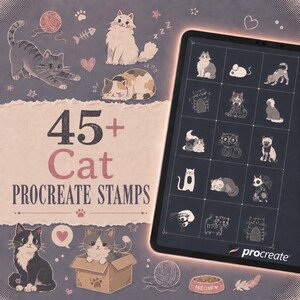 Könnte beinhalten: Eine digitale Sammlung von 45+ Procreate-Stempeln mit Katzenmotiven, darunter verschiedene Katzenillustrationen, Wollknäuel und Pfotenabdrücke. Ein Tablet-Bildschirm zeigt ein Raster mit weißen Strichzeichnungen von Katzen.