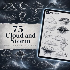 Pode incluir: Uma coleção digital de mais de 75 carimbos Procreate de nuvens e tempestades com ilustrações de linhas brancas de vários padrões climáticos, incluindo nuvens de chuva, relâmpagos, tornados, redemoinhos de vento e luas crescentes em fundo escuro.