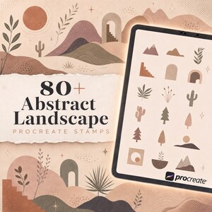 Könnte beinhalten: Ein digitales Tablet zeigt eine Sammlung von 80+ abstrakten Landschafts-Procreate-Stempeln mit Symbolen von Bergen, Kakteen, Bäumen und Bögen in Erdtönen. Der Text 80+ Abstract Landscape Procreate Stamps ist zu sehen.