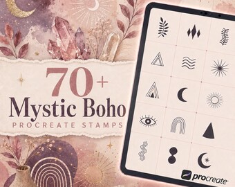 Más de 70 pinceles de sellos místicos bohemios para Procreate | Paquete de sellos de garabatos místicos de bruja | Conjunto de pinceles para Procreate | Kit de herramientas para Procreate | Descarga instantánea
