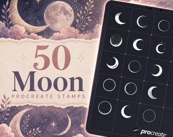 50 pinceles de sellos lunares para Procreate | Paquete de sellos lunares y de media luna | Conjunto de pinceles para Procreate | Kit de herramientas personalizadas para Procreate | Descarga instantánea
