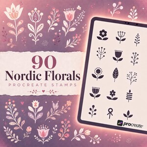 May include: A digital collection of 90 Nordic Florals Procreate stamps featuring various botanical illustrations in shades of pink and purple. A tablet displays a grid of black floral icons, while the text reads 90 Nordic Florals Procreate Stamps.