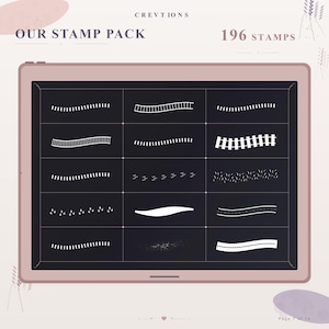 May include: A digital tablet screen displaying a collection of 196 stamps, featuring various white line patterns, dashed lines, and textured strokes arranged in a grid on a dark background. The text reads OUR STAMP PACK and 196 STAMPS.