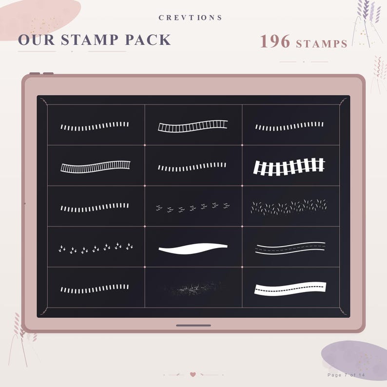 May include: A digital tablet screen displaying a collection of 196 stamps, featuring various white line patterns, dashed lines, and textured strokes arranged in a grid on a dark background. The text reads OUR STAMP PACK and 196 STAMPS.
