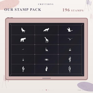 May include: A digital tablet screen displaying a grid of 15 white silhouette stamps on a dark background. The stamps include animals like a wolf, fox, elephant, giraffe, and deer, alongside birds and various cacti. Text reads CREVTIONS OUR STAMP PACK 196 STAMPS.