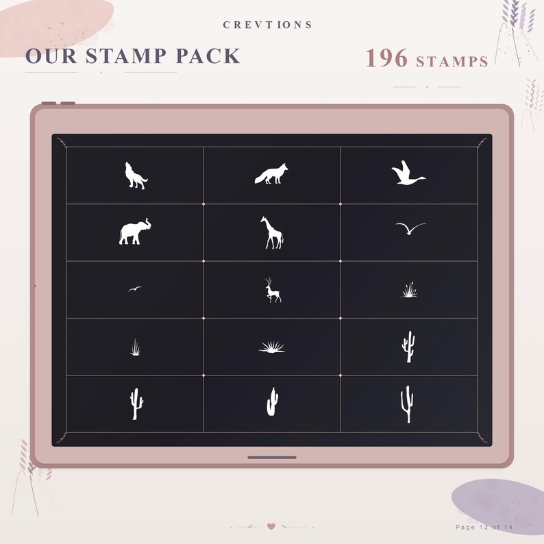May include: A digital tablet screen displaying a grid of 15 white silhouette stamps on a dark background. The stamps include animals like a wolf, fox, elephant, giraffe, and deer, alongside birds and various cacti. Text reads CREVTIONS OUR STAMP PACK 196 STAMPS.