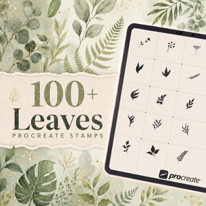 May include: A digital tablet displaying a grid of black leaf and botanical stamps for Procreate. The screen shows various plant silhouettes. The background features a watercolor illustration of green leaves and gold flecks with the text 100+ Leaves PROCREATE STAMPS.