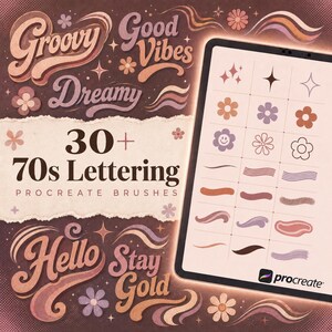 Peut inclure: Une tablette numérique affichant une grille de traits de pinceaux Procreate, incluant des icônes d'étoiles, de fleurs et de lignes ondulées. Le fond présente le texte Groovy, Good Vibes, Dreamy, 30+ 70s Lettering Procreate Brushes, Hello, Stay Gold.