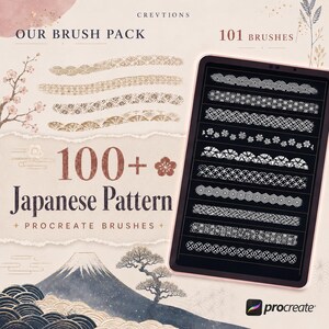 Op de afbeelding: Een digitaal penseelpakket voor Procreate met 101 Japanse patronen. Het tabletscherm toont witte lijntekeningen op een zwarte achtergrond, waaronder golf-, bloem- en geometrische motieven, samen met de tekst 100+ Japanese Pattern Procreate Brushes.