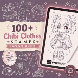 Puede incluir: Una colección digital de más de 100 sellos de ropa Chibi para Procreate con ilustraciones de línea de varias prendas como vestidos, sudaderas, faldas, pantalones y zapatos, junto a una tableta que muestra un dibujo de un personaje chibi.