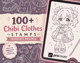 May include: A digital collection of 100+ Chibi Clothes Stamps Procreate Brushes featuring line art illustrations of various garments like dresses, hoodies, skirts, pants, and shoes, displayed alongside a tablet showing a chibi character drawing.